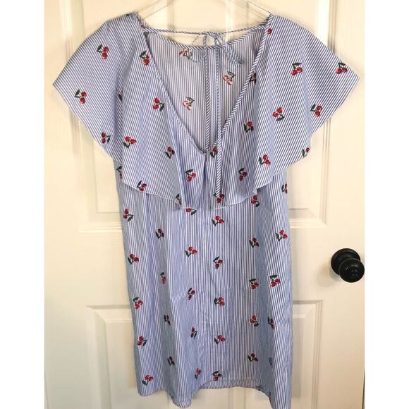 Buffalo David Bitton Size XS Blue & White Striped Cherries Dress Tie Back Ruffle - Picture 8 of 8